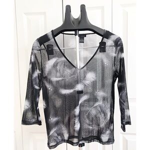 THE LIMITED Embellished Sheer Mesh Floral Top | Black Gray Rose Print 3/4 Sleeve